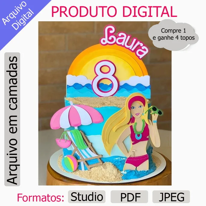 17 - Topo De Bolo Barbie Pool Party Topo de Bolo - Barbie - Arquivo Digital - Imagem 1