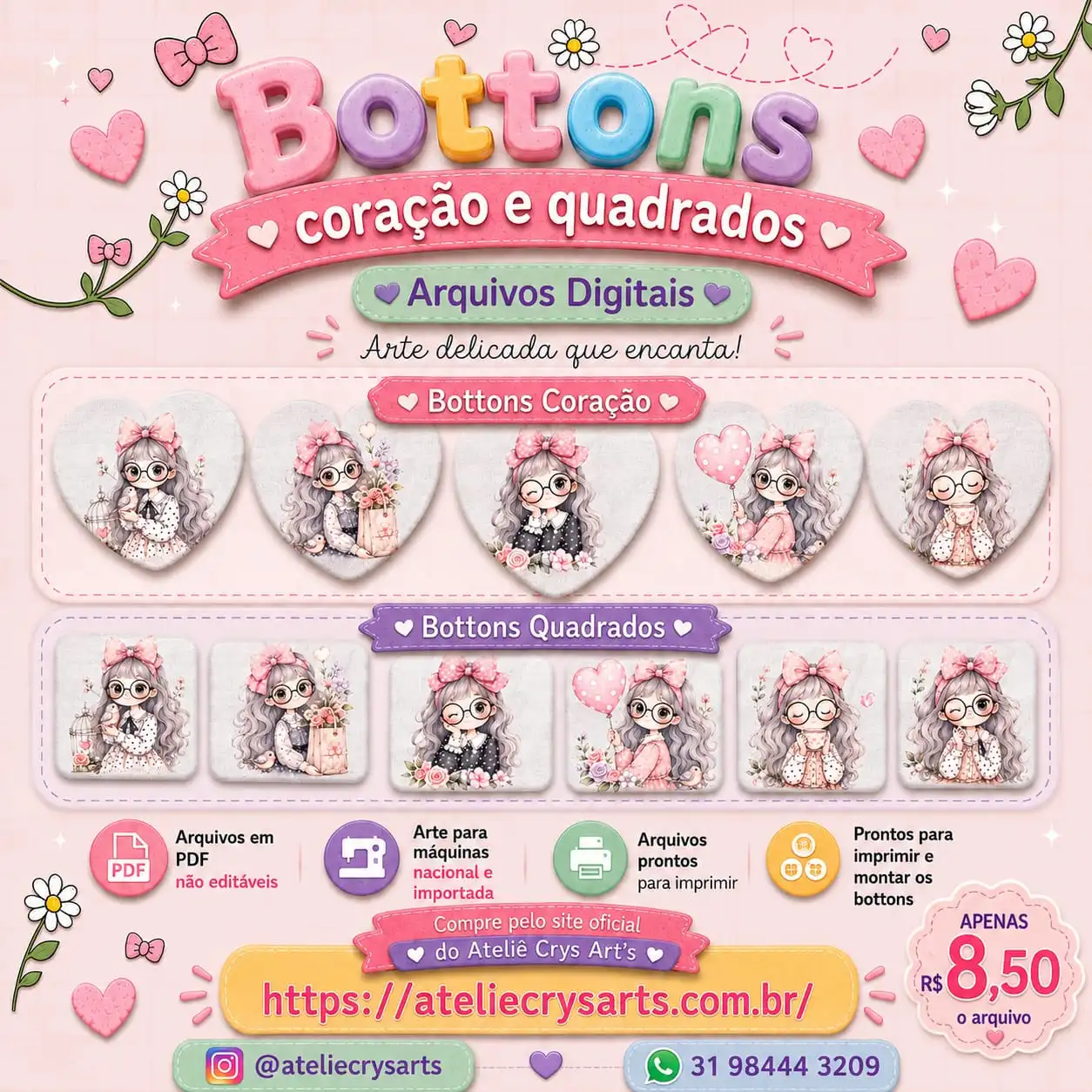 31 - Bottons Coração e quadrados Arquivo Digital Kit Bottons Coração e Quadrados - Imagem 1