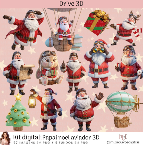 06 - Papai Noel Aviador 3D Kit Digital Papai Noel Aviador - Imagem 1