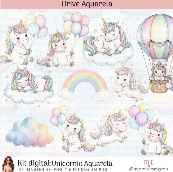46 - Unicórnio Aquarela Kit Digital Unicórnio Aquarela - Imagem 1
