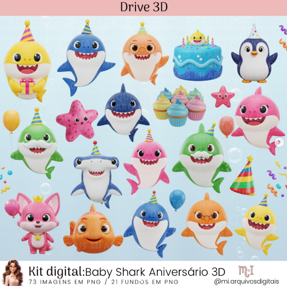 50 - Baby Shark Aniversário 3D Kit Digital Baby Shark - Imagem 1